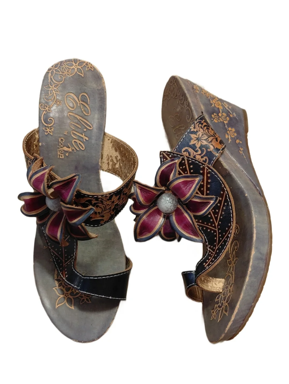 Elite Grapevine Blue And Purple Floral Wedge Sandals Size 8